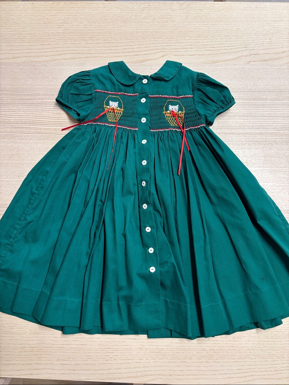 Green Smocked Peter Pan Collar Kids Dress with Cat Motif